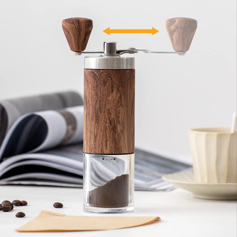 Portable, compact, hand-held coffee grinder with ceramic mortar, 5-degree adjustable grinding angle, washable clear container, natural wood finish,