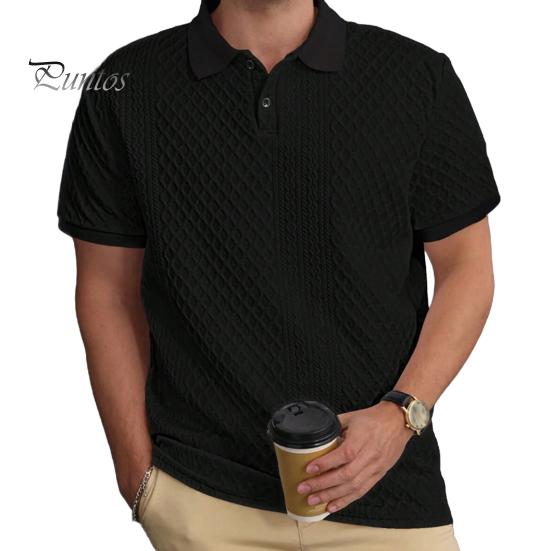 Men Tops Lapel Short Sleeve Solid Color Tee Shirt with Jacquard Decoration Jacquard Fabric Solid Color Tops