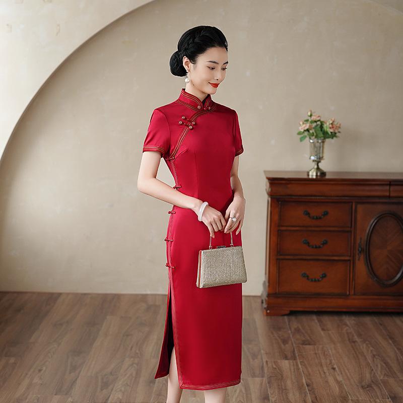 High-end red mother silk cheongsam 1011 new improved Chinese mother-in-law mulberry silk cheongsam dress