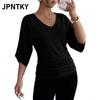 JPNTKY Women's Fashion Casual Solid Color Print V Neck Blouses & Shirts