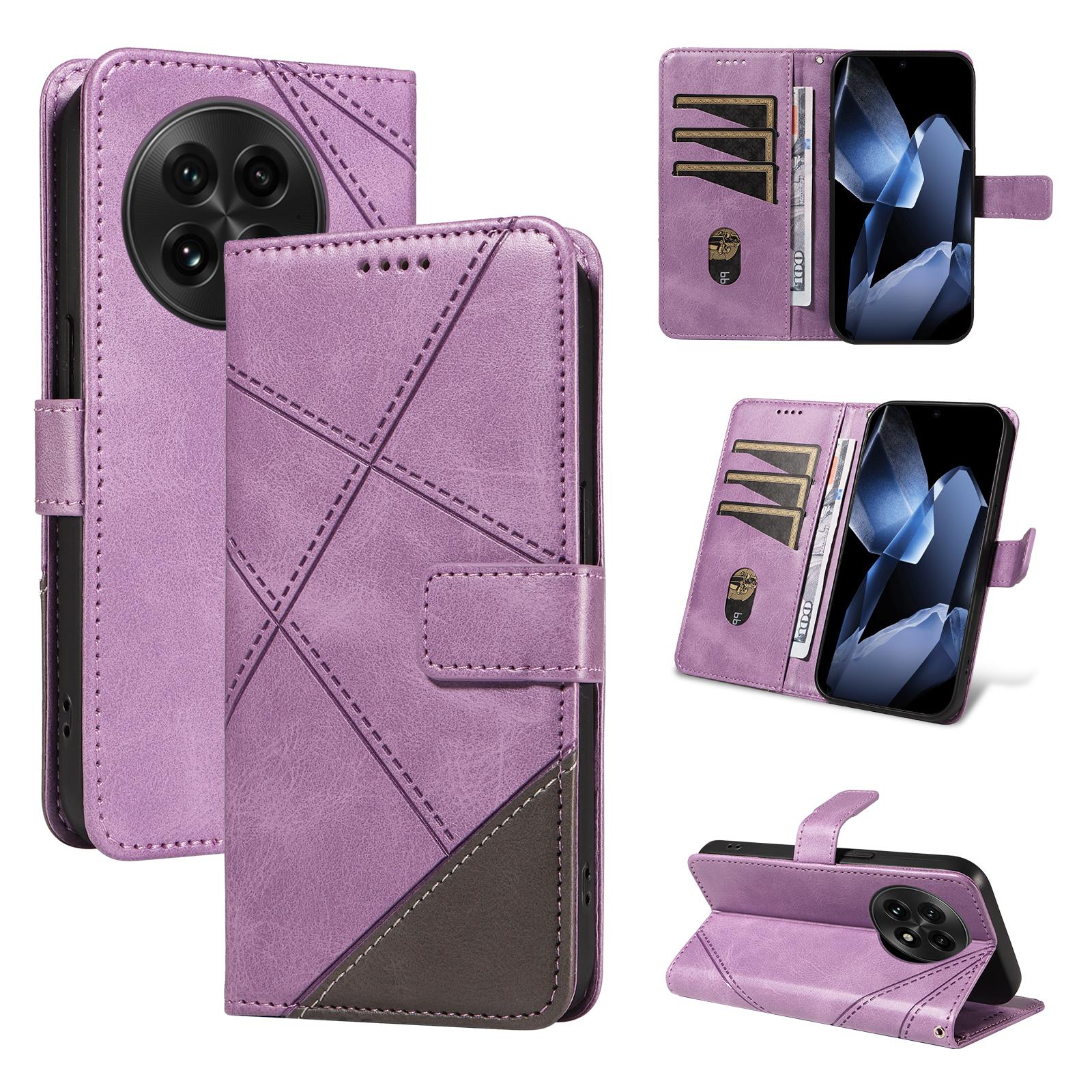 

For OnePlus 13 Leather Case Geometric Line Design Wallet Phone Cover with Wrist Strap Purple