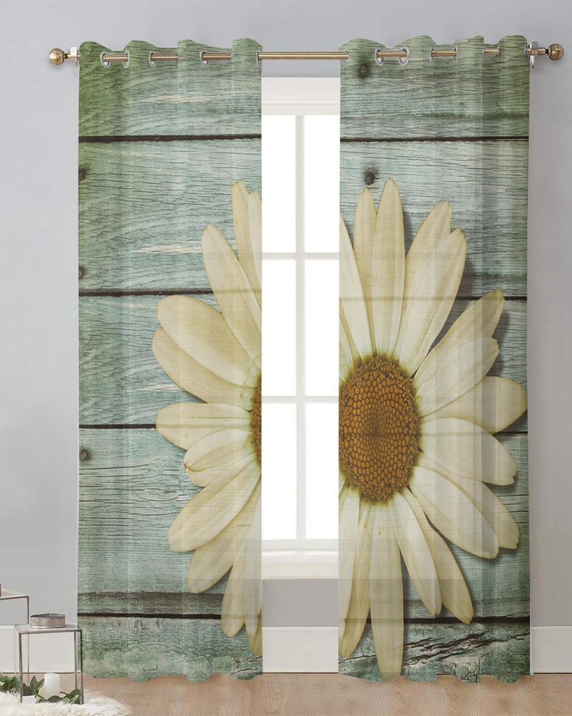 Vintage Dřevěný Vzor Sedmikráska Květina Průsvitné Záclony pro Dekoraci Obývacího Pokoje Okenní Záclony Kuchyňský Tyl Voál Organza Záclony