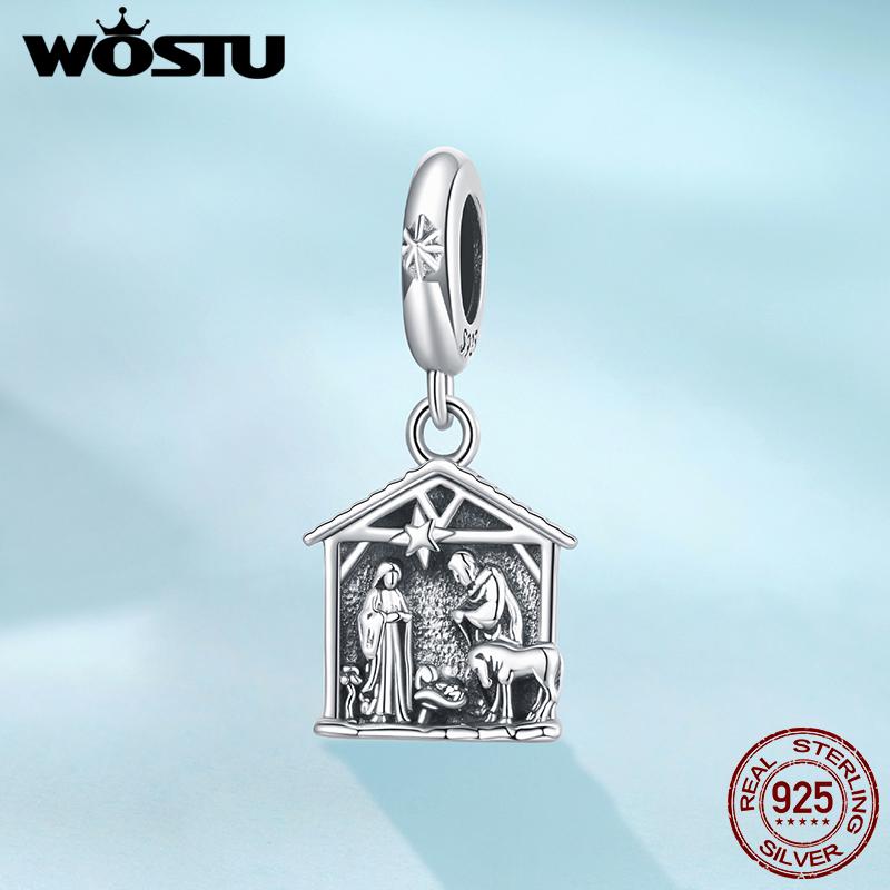 WOSTU Vintage 925 Silver Jesus Nativity Scene Charm The Birth Of Jesus Pendant Fit DIY Bracelet Neckalce