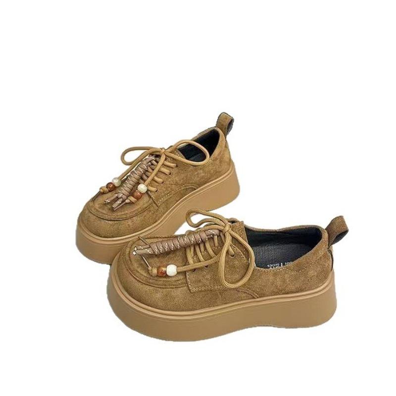 Thick-soled heightening lace-up women's autumn new retro soft-soled casual versatile low-top loafers