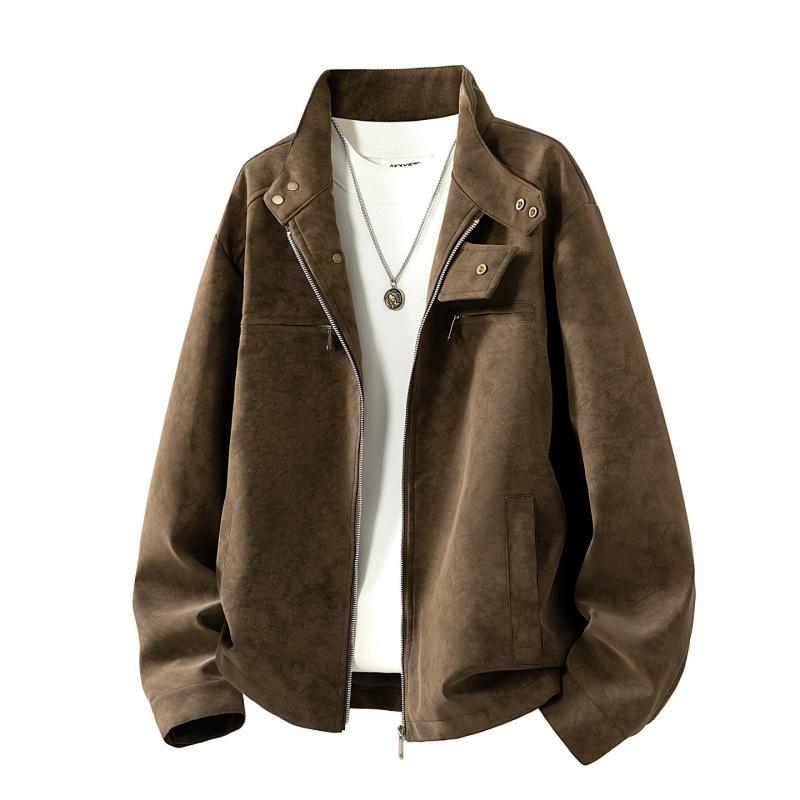 New leather jacket stand-up collar spring and autumn tooling style American retro lapel leather jacket PU leather jacket men