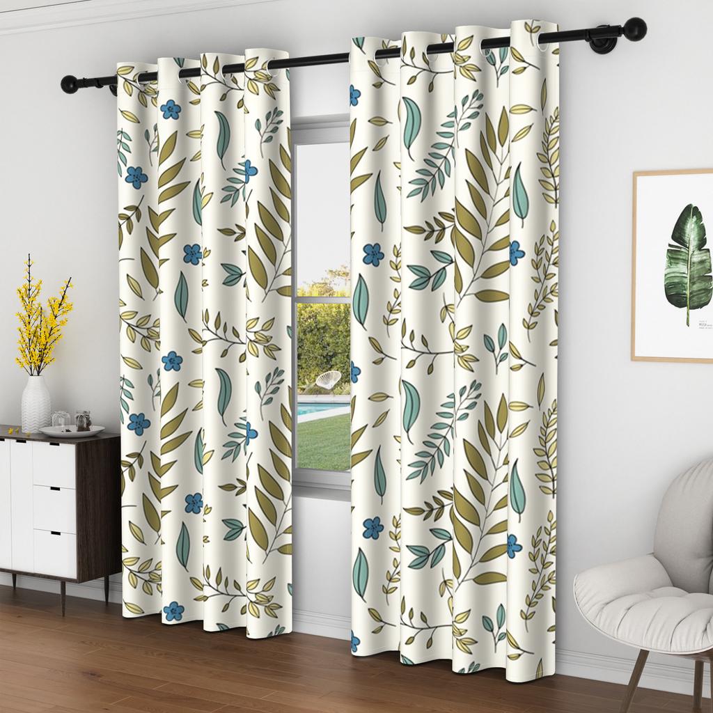 2pcs Green Leaves Window Curtains Boho Style Modern Bedroom Blackout Curtains Blue Flowers Natural Plants Curtains Living Room