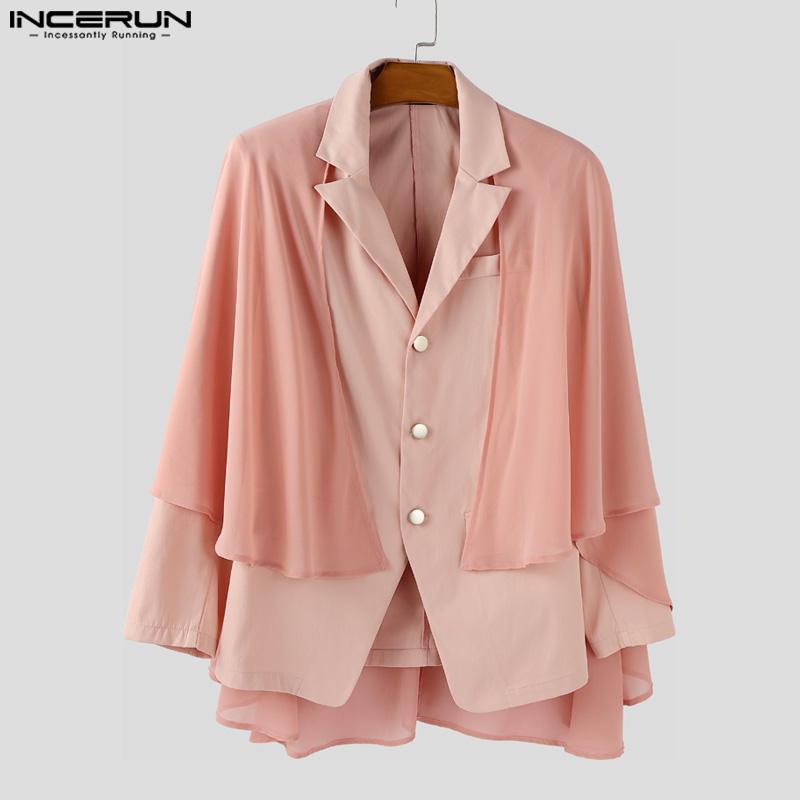 INCERUN Men Sets Lapel Long Sleeve Mesh Cloak Blazer Long Suit Pants Two Pieces Outfits