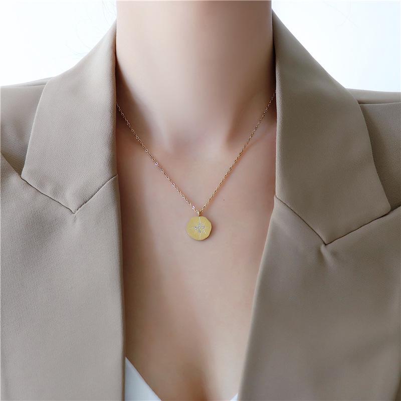 Elegant Eight-Pointed Star Titanium Steel Necklace with Diamond Inlay for Women