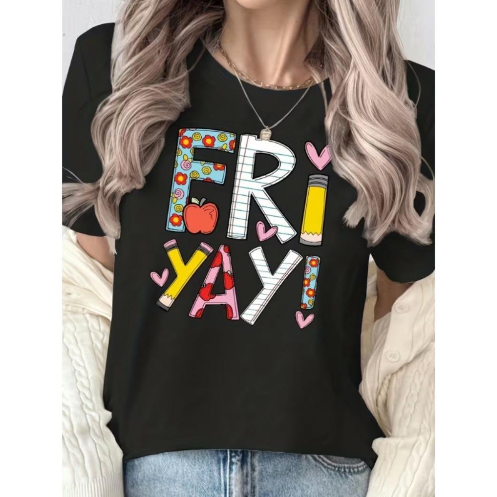 Happy First Day of School Print T-Shirt Women’s Crew Neck Short Sleeve Colorful Pencil Book Print for Back To School