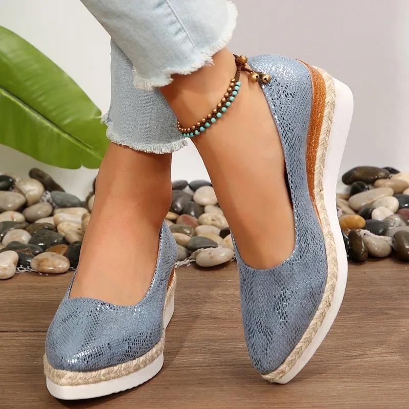 Women's Platform Heels Autumn 2024 Comfortable Wedge Pointed Toe Loafers Shoes for Women Fashion Sequins Shallow Pumps Plus Size