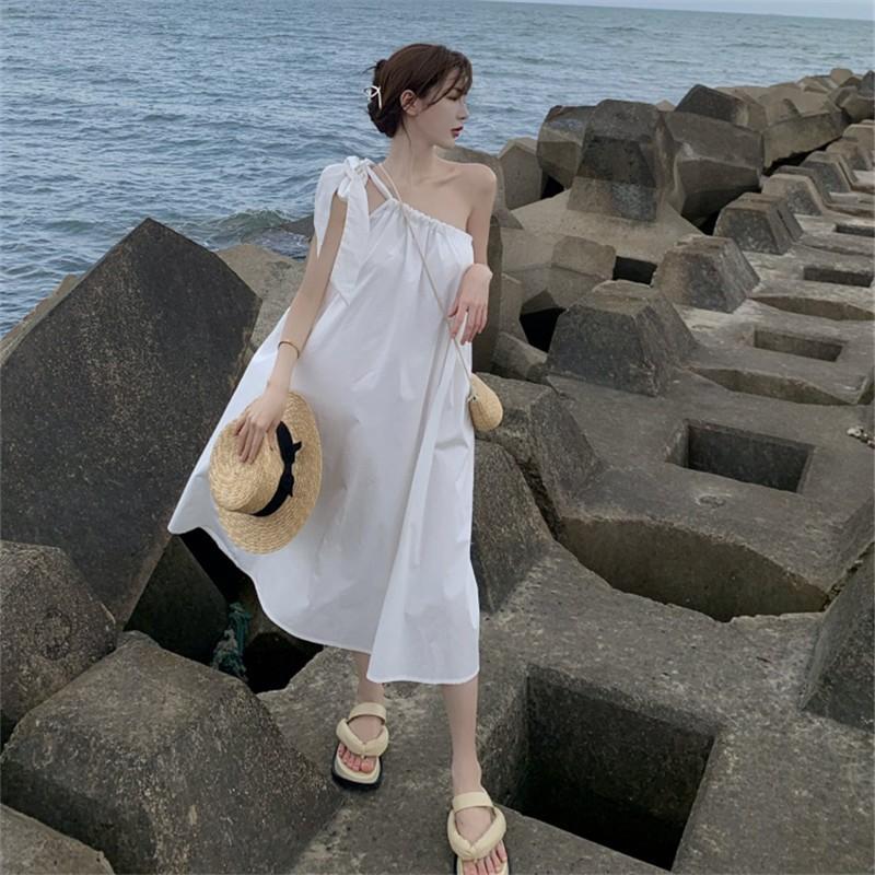 Xia Sanya seaside vacation dress Thai oblique off-the-shoulder design bow beach dress women s Xishuangbanna S синий