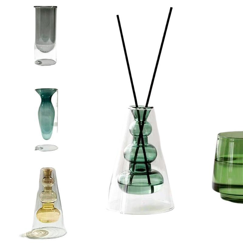 1PC Double Glass Vase Art Terrarium Flower Pots Decorative Desktop Transparent Color Modern Home Decor Multiple Options Available