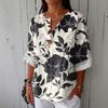 Women's Fashionable Casual V-neck Button Seven Quarter Sleeve Printed Cotton And Linen Top