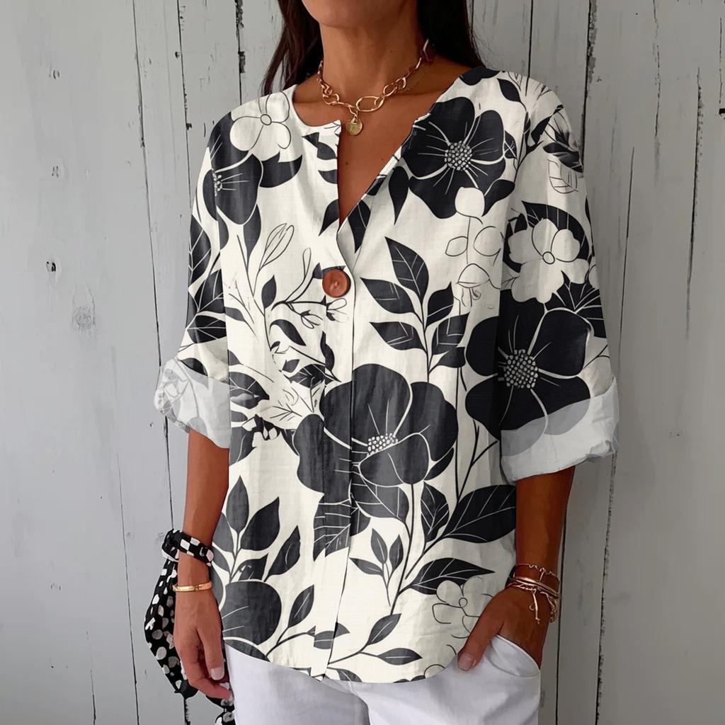 Women's Fashionable Casual V-neck Button Seven Quarter Sleeve Printed Cotton And Linen Top