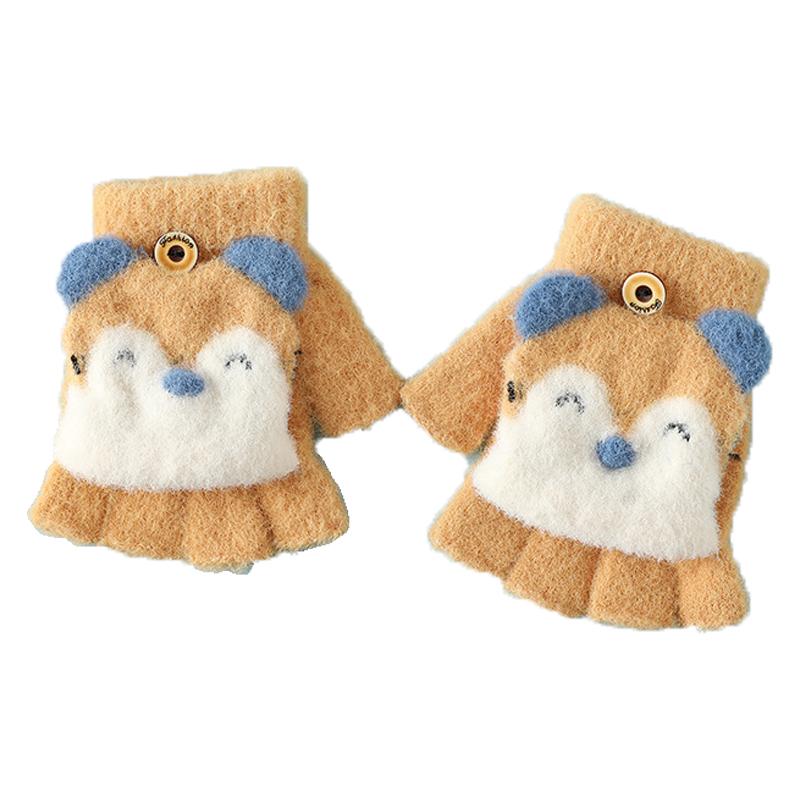 

1 Pair Kids Mink Velvet Warm Gloves Half Finger Cover Cartoon Shape B