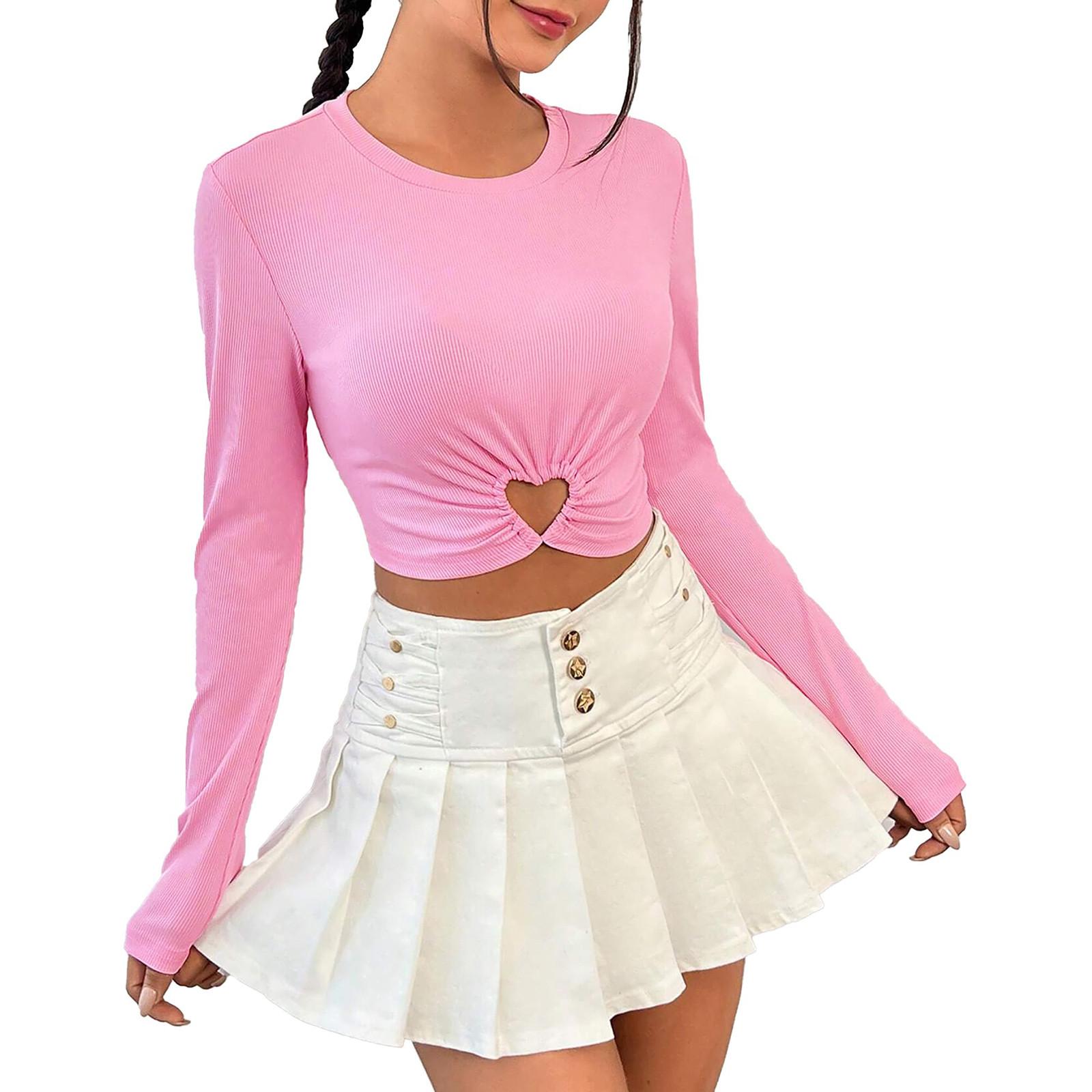 

Женская мода круглый вырез тонкий короткий Love Circle длинный рукав футболка топы XL розовый