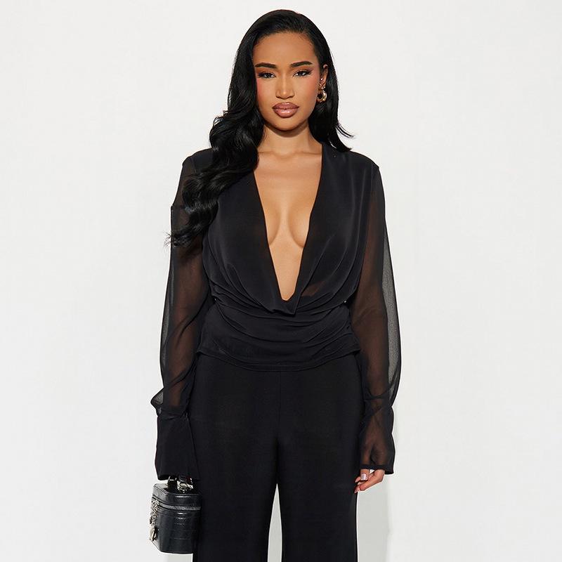 J25TP327 Women's Deep V Chiffon Long Sleeve Top with Flowing Collar and Scarf