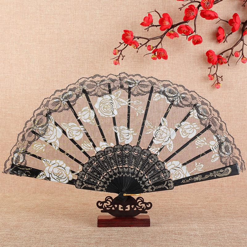 Rose Lace Edge LED Folding Fan - Wedding Gift & Dance Prop