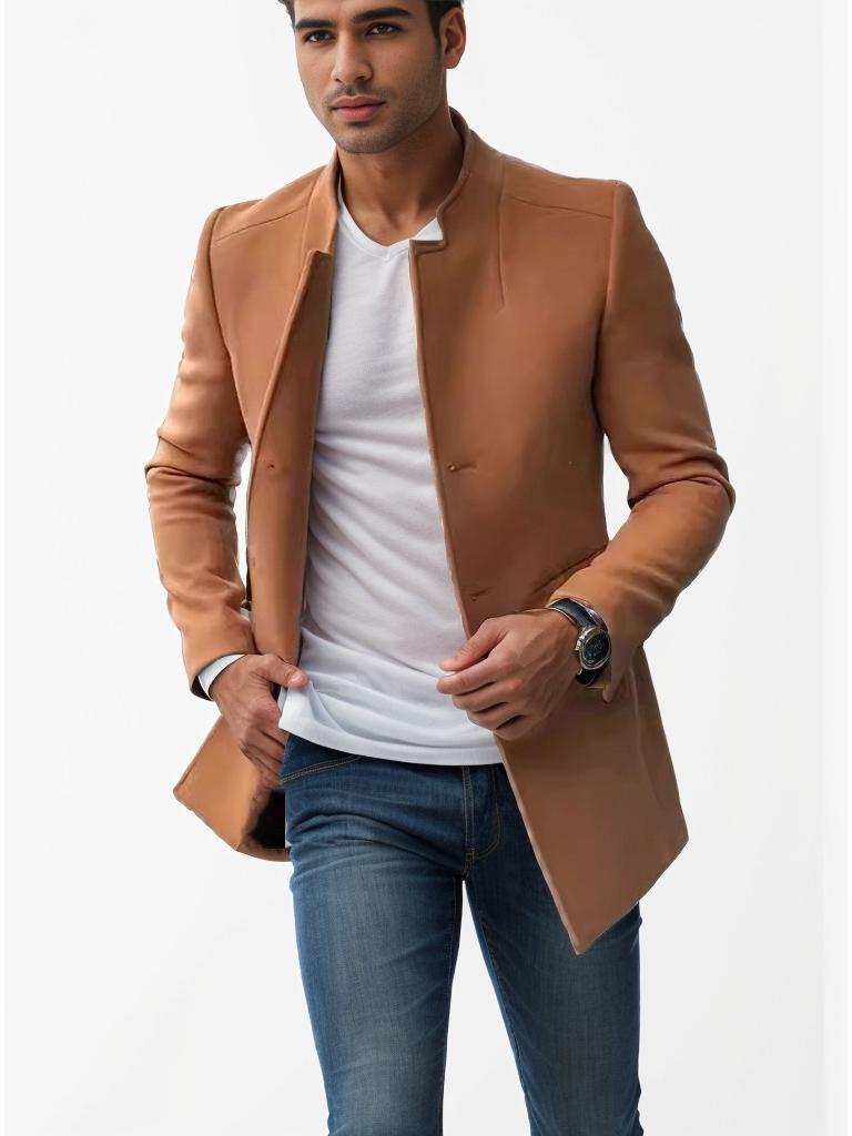 European Size Men's Spring/Fall Slim Fit Woolen Coat - Solid Color Youth Suit