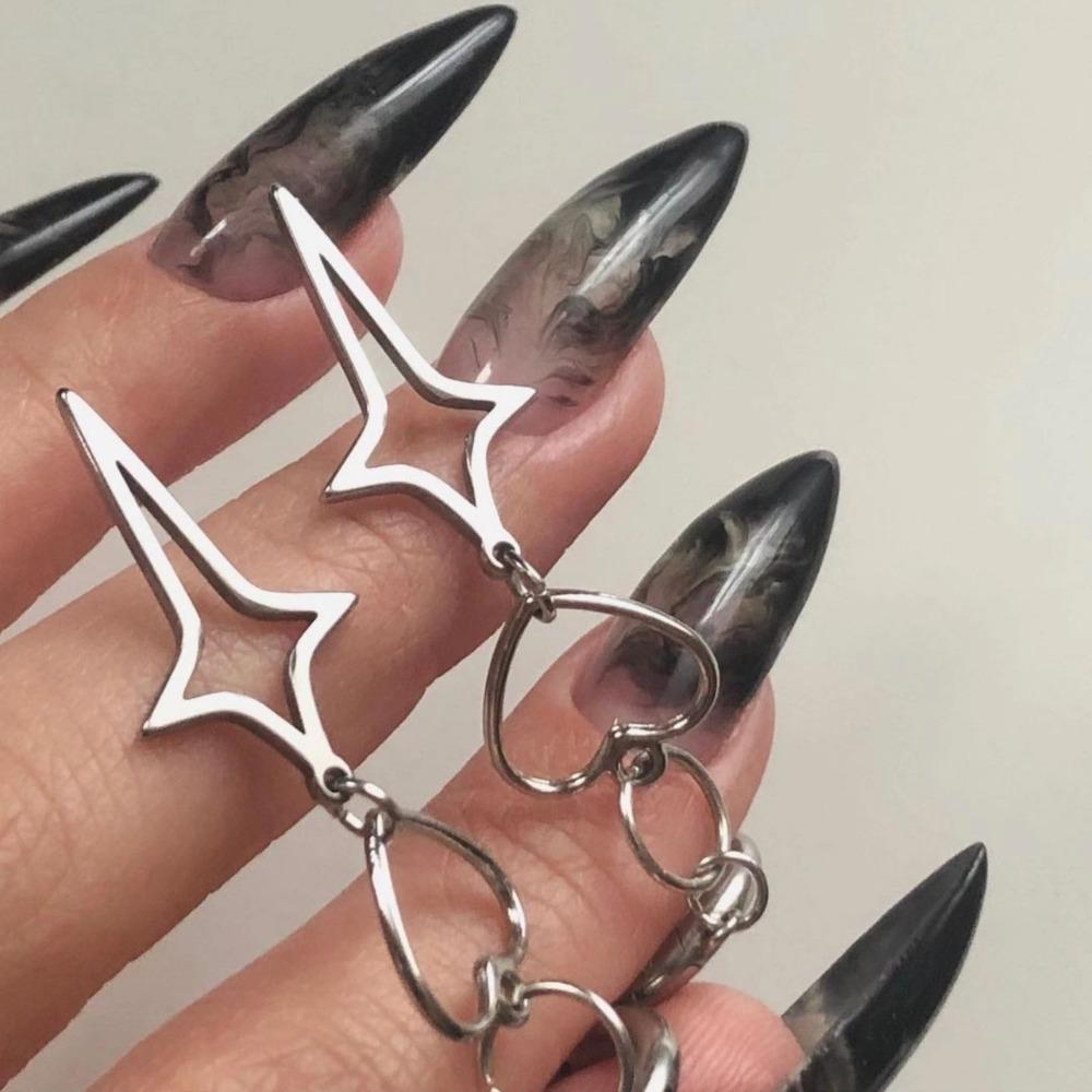 Trendy Punk Sliver Color Hollowed-out Heart-shaped Stars Pendant Dangle Earrings for Women Men Personality Hoop Earrings Jewelry
