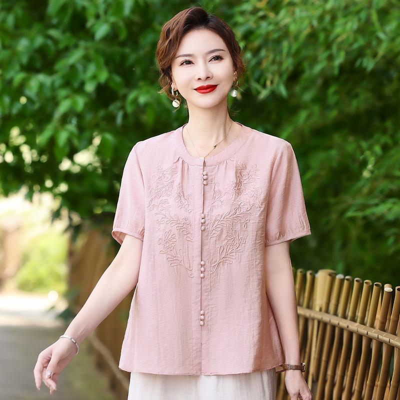 Mom's 2025 Summer Wear: New Chinese Style Blouse & Two-Piece Set for Middle-Aged and Elderly Women – Fashionable and Versatile T-Shirt.