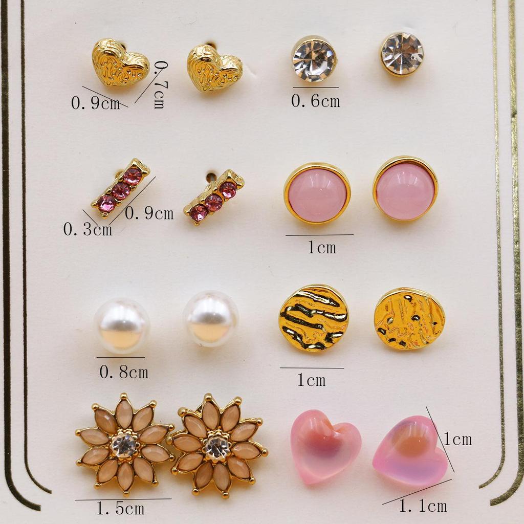 8-Pair Gold-Plated Rhinestone Alloy Ear Stud Set - Eco-Friendly, Versatile, Personality Trend Women's Earrings