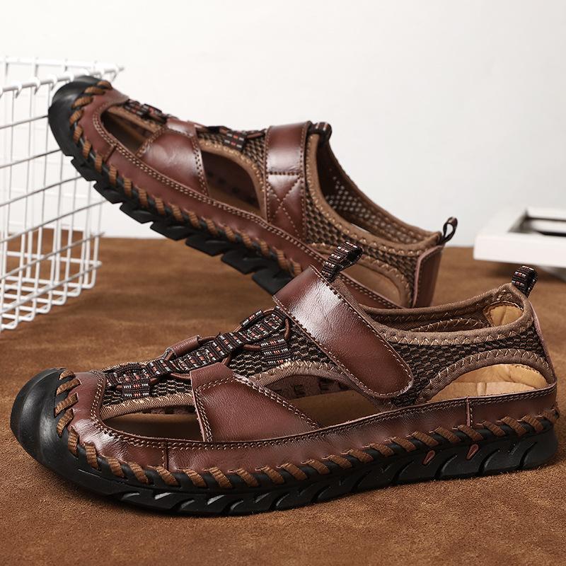 Fashion Men's new summer leather sandals with fashionable and breathable stitching design, casual shoes in sizes 38-48, beach shoes