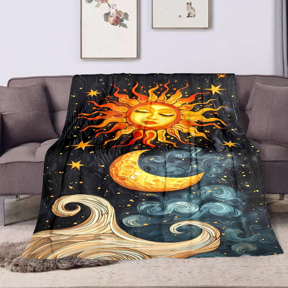 Sun and Moon Celestial Art Illustration Patterned Flannel Blanket Perfect for the Bedroom Living Room, Sofa, or a Little Nap