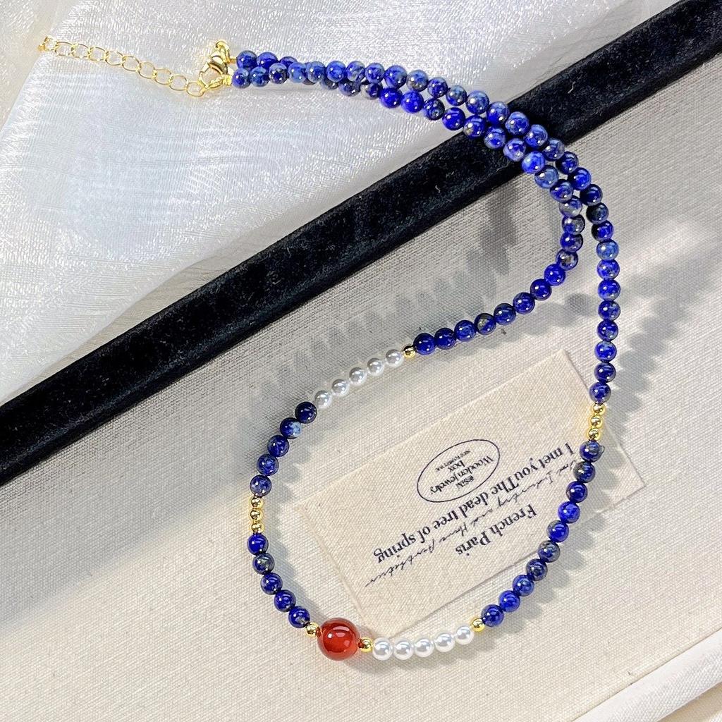 High Quality Natural Chalcedony Lapis Lazuli Artificial Crystal Pearl Design Sense Collarbone Chain Necklace