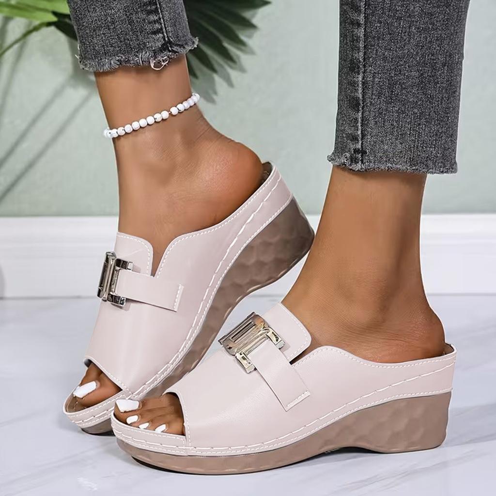 Women'S Sandals Wedge Heel Slippers Plus Size Casual And Fashion With Metal Open Toe Design Simple Sandal For Woman High Arch