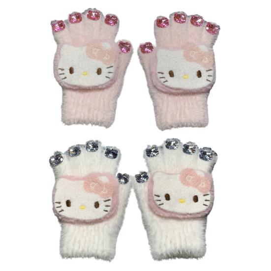 Dziewczęce kreskówkowe rękawiczki z kotkiem, urocze pluszowe rękawiczki z kotem, puszyste ciepłe rękawiczki z cyrkoniami w kształcie głowy kota dla kobiet na zimę, do codziennych sprawunków