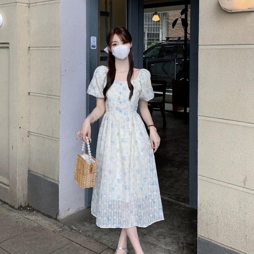 Coffee Break French Retro Floral Dress Women's Summer High-end Temperament Waist Bubble Sleeves Gentle Wind First Love Long Dress