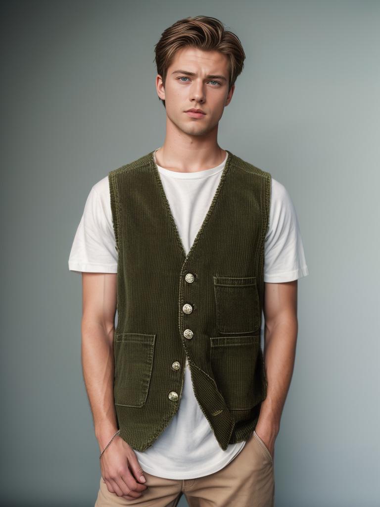 Men's Corduroy Patchwork Vest - Spring/Autumn Single-Breasted Solid Color Jacket