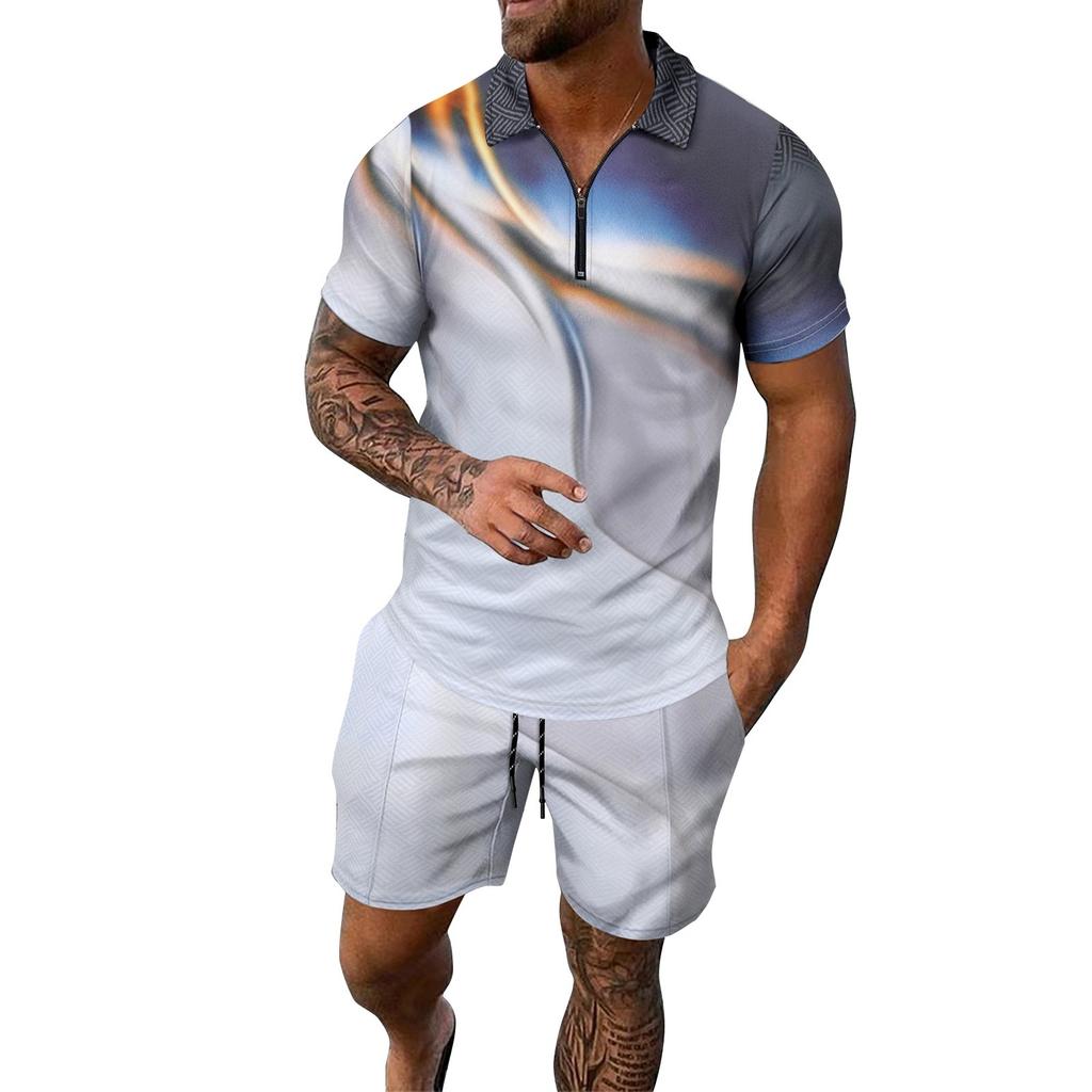Men's Summer Printed Zipper Lapel Short Sleeve Top Shorts Suit Men's Casual Sports Suit
