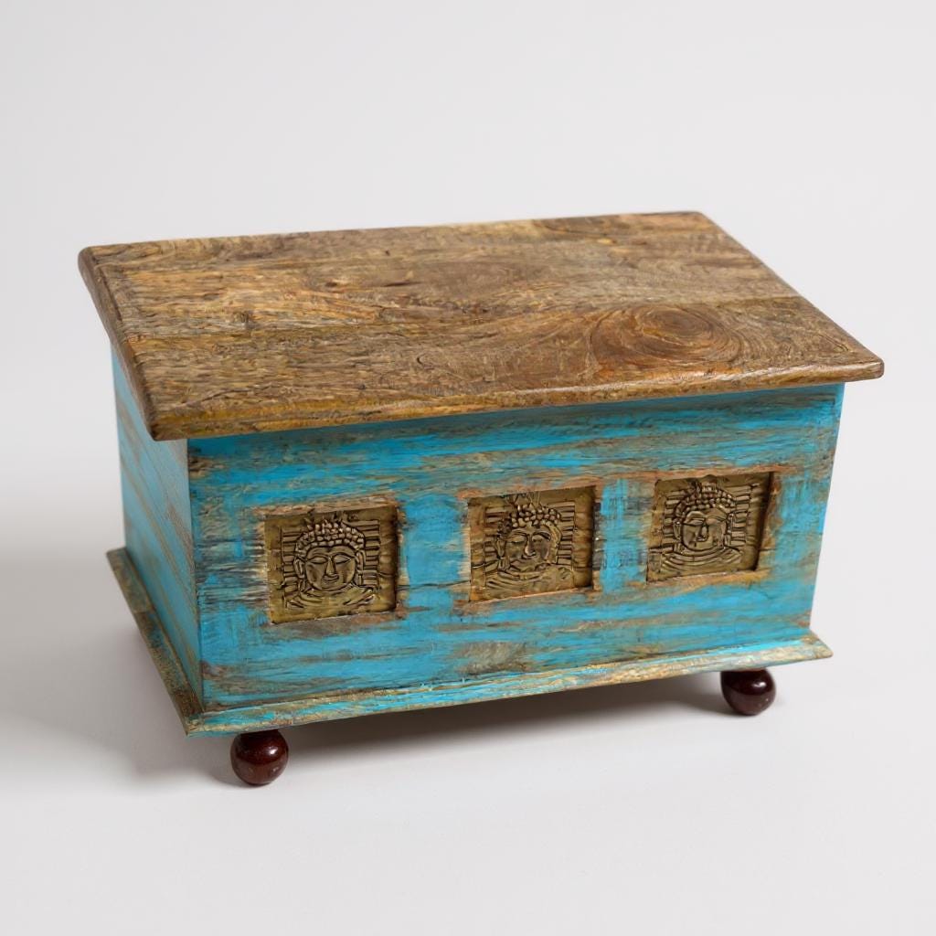 Wooden Trunk Chest Coffee Table Box Blue Distressed Storage Chest with Carved Brass Panels Budha Handcrafted Storage Distressed Blue Chest