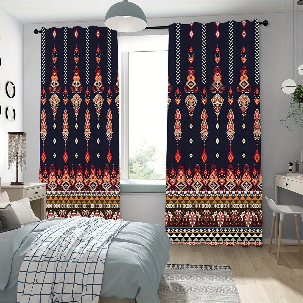 2pcs Mexican Themed Geometric Pattern Curtains Rod Pocket Curtain For Public Places Living Room Bedroom Office Study Room Home