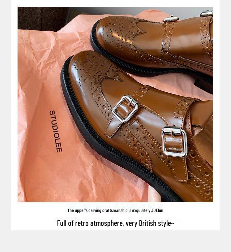 Women's Retro British-Style Genuine Leather Brogue Loafers with Round Toe and Chunky Heel for Autumn/Winter