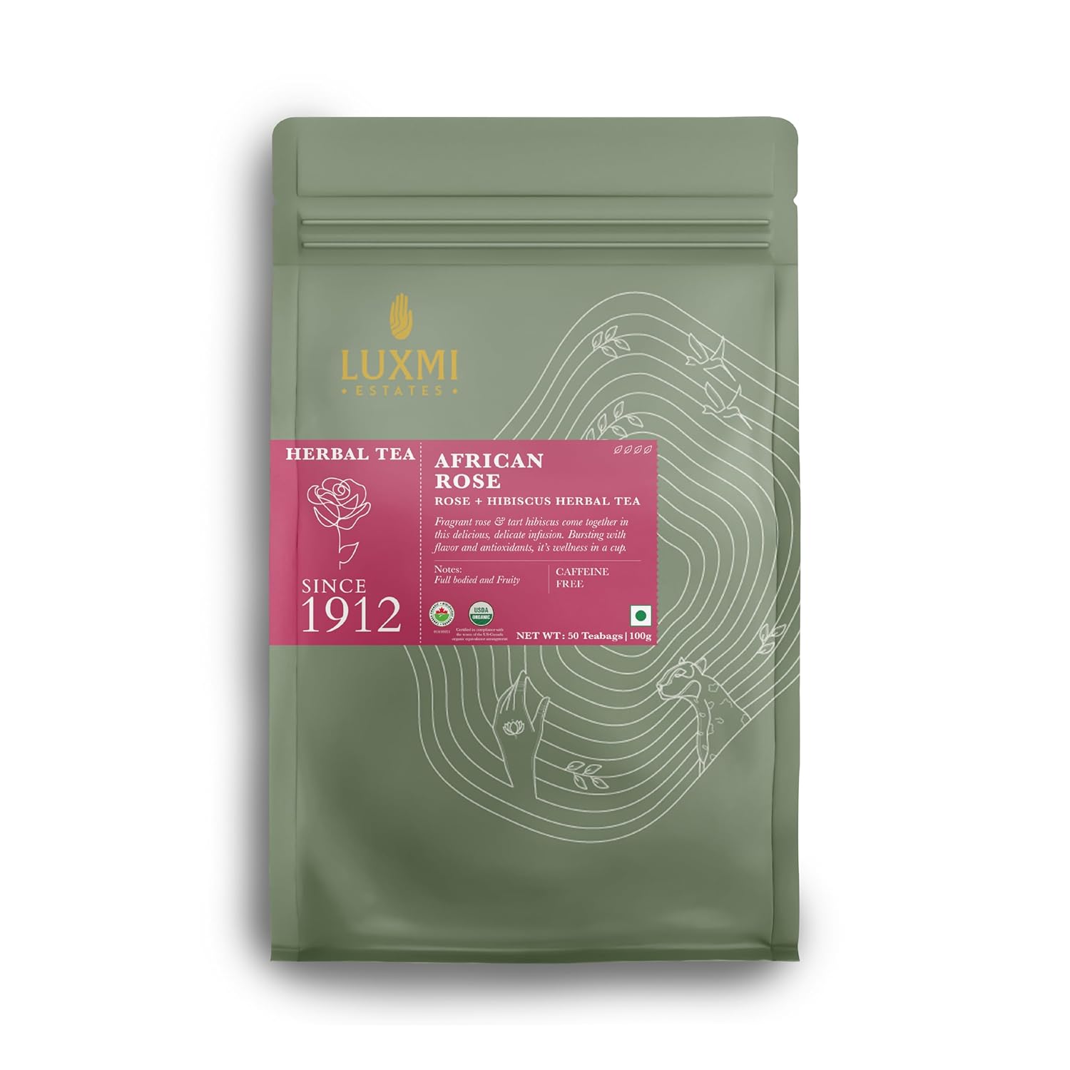 

Luxmi Estates African Rose Herbal Infusion 50 Plant-Based Biodegradable Tea Bags 100 gm USDA Organic Caffeine Free Tea