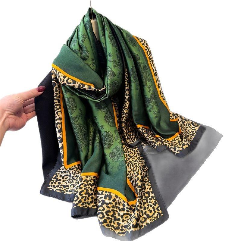 New green shadow leopard print simulation silk brocade fashion sunscreen silk scarf long scarf shawl versatile headscarf scarf