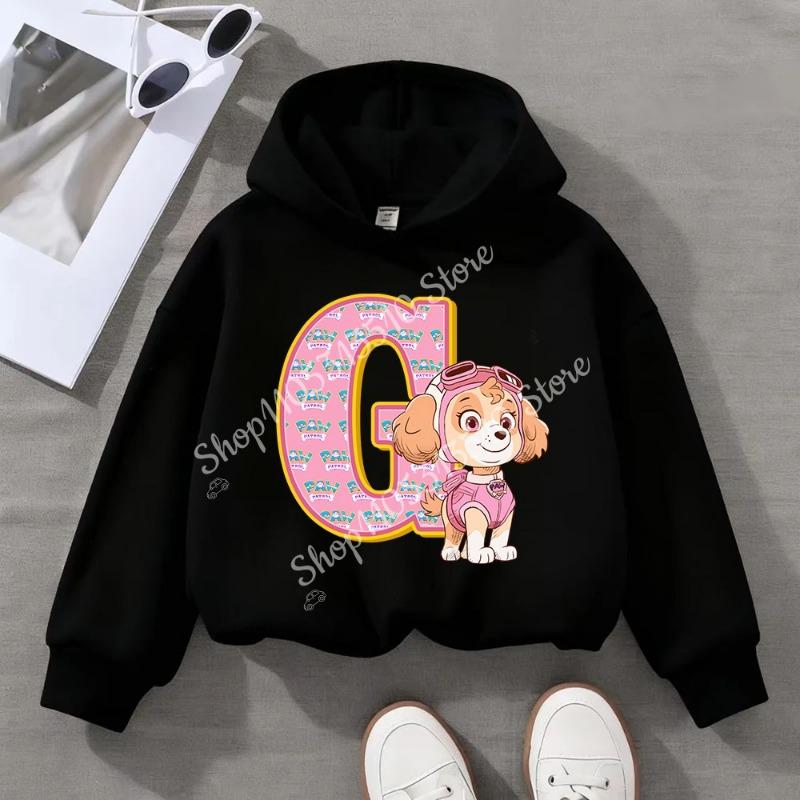 Child Black Long- Sleeve Hoodie Girls Skye Polyester Top Cartoon Letter A-Z Printed Pullover Children Birthday Gifts