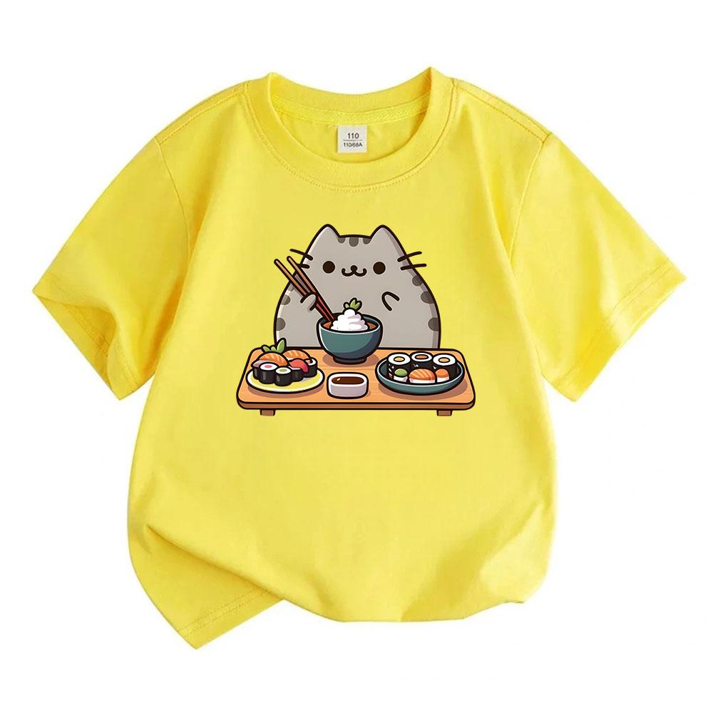 Cute Sushi Cat Print Kids 100% Cotton T-Shirt Boys Girls Crew Neck Short Sleeve Casual Summer Comfortable Pullover Tops Kawaii Food Animal Pattern Tee
