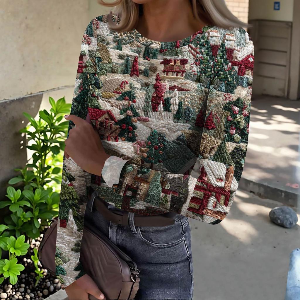 Women's  Slim Bottom T-shirt Fashion Casual Gradient Printing Round Neck Pullover Long Sleeve Top