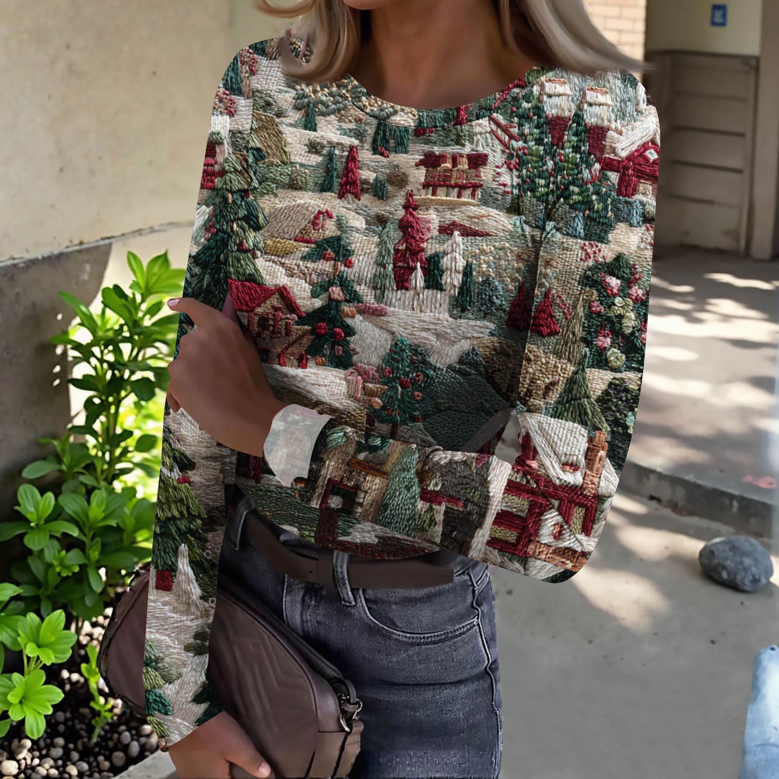 

Женская футболка с облегающим низом, модная повседневная с градиентным принтом, пуловер с круглым вырезом и длинными рукавами L зелёный