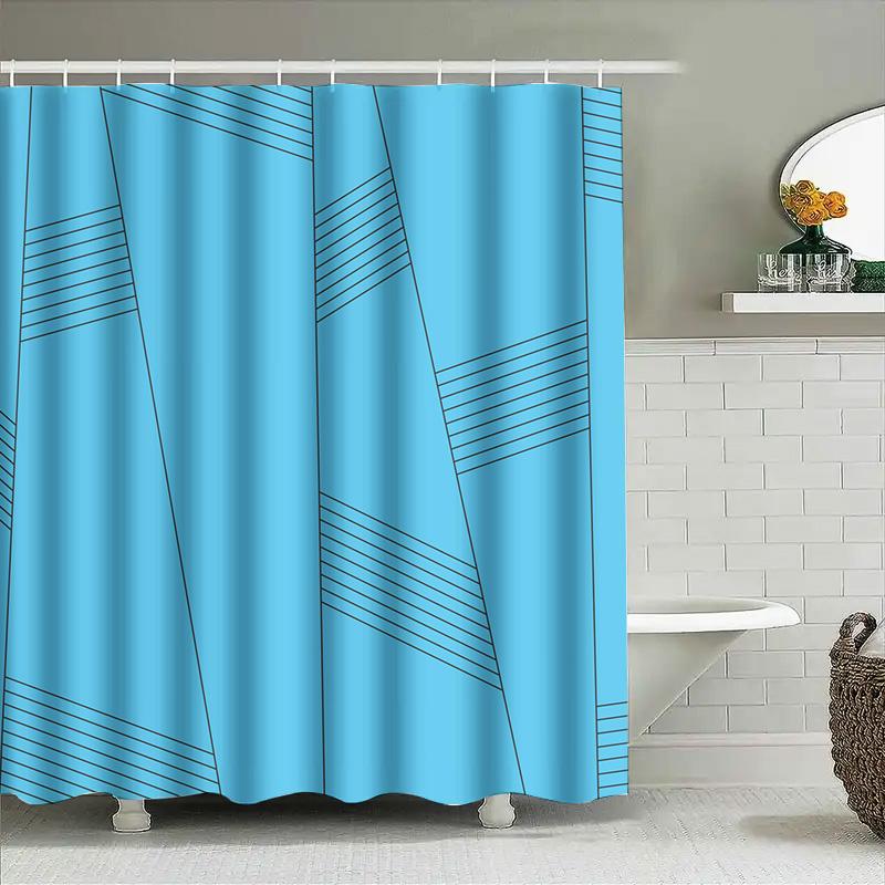 Blue Shower Curtain With Geometric Design Waterproof Bathroom Decor For Kids Bathrooms Simple Modern Pattern Home Accessories (1
