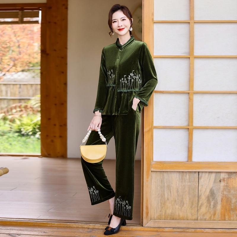 

Элегантный золотой велюровый костюм-двойка на весну и осень для женщин, новый китайский стиль для среднего и пожилого возраста XL recommended for 90-110 jin