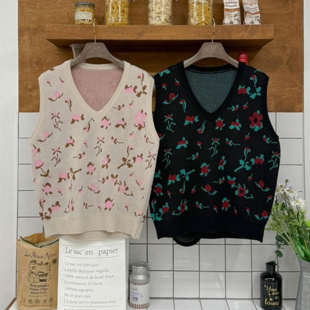 New ArriVals Open Run Women Floral Print V Neck Fall Color Block Knit Vest