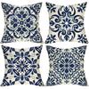 Vintage Morocco Flower Decorative Throw Pillow Covers 18 X 18 Set of 4, Chinoiserie Blue and White Porcelain Floral Porch Outdoor Home Decor,