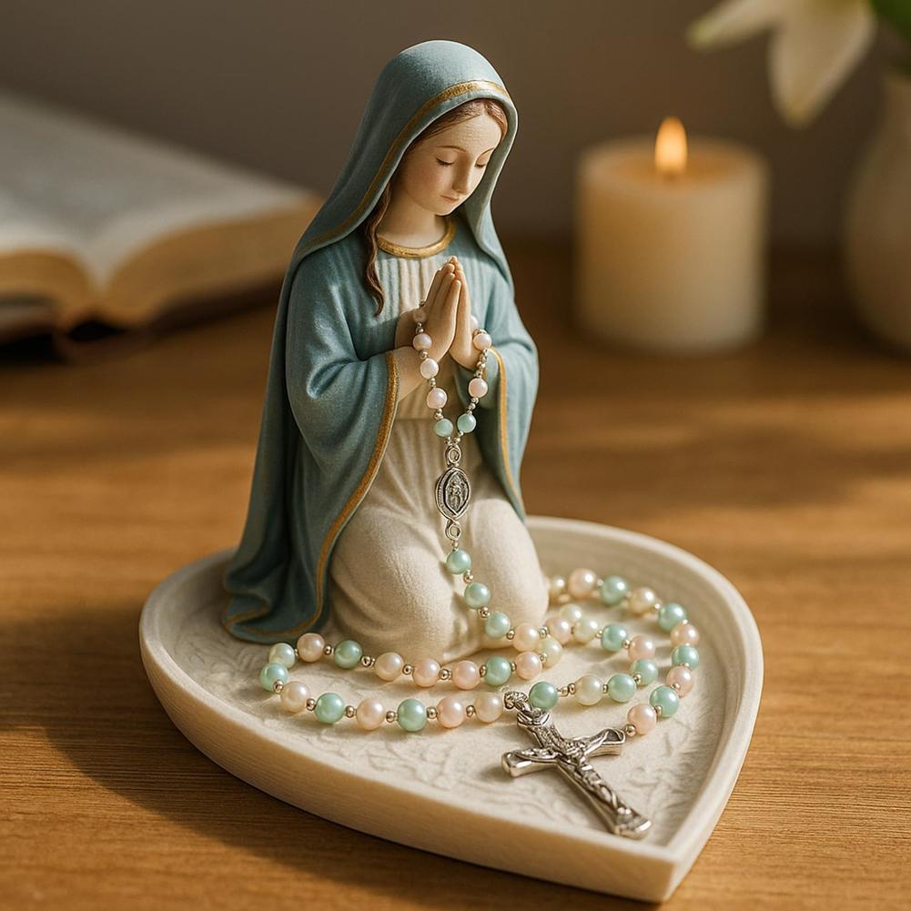 Virgin Mary Rosary Holder Statue Resin Elegant Our Lady Prayer Rosary Box Desktop Blessed Holy Mother Figure Catholic Home Decor