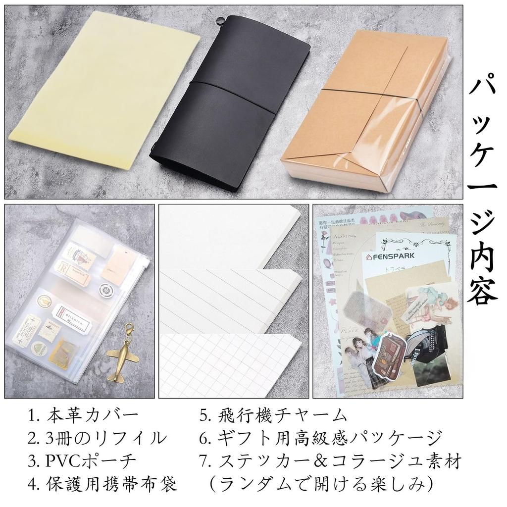 FENSPARK Travel Notebook, Regular Size, with Charm, 3 Refills, PVC Bag, Collage Material, and Stickers. A system notebook made of genuine leather with