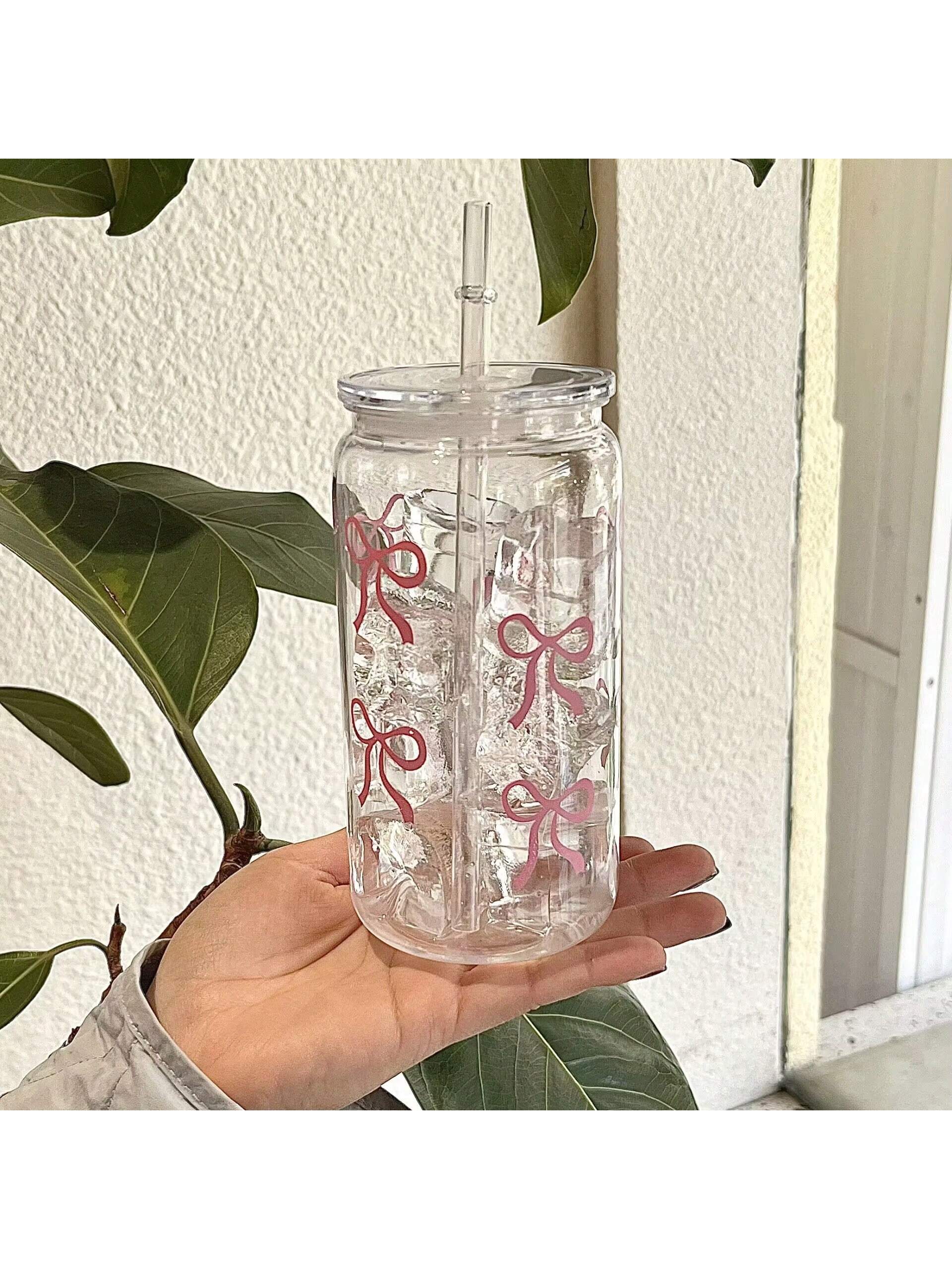 

1 штука чашка для води з принтом бантика з кришкою та соломинкою, чашка для води 16 унцій, чашка для кави з льодом, підходить для чаю, соку, молока, дня народження